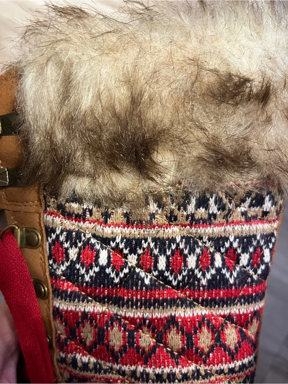 JustFab Women's Tan Faux-Fur Winter Lace-Up Boots with Fair Isle Knit Accents